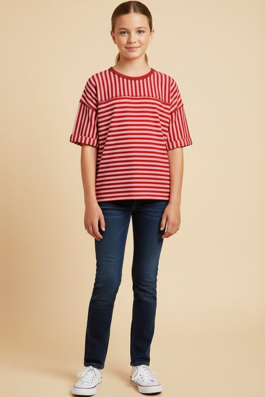 Pretty in Red & Pink Stripe Top For Girls