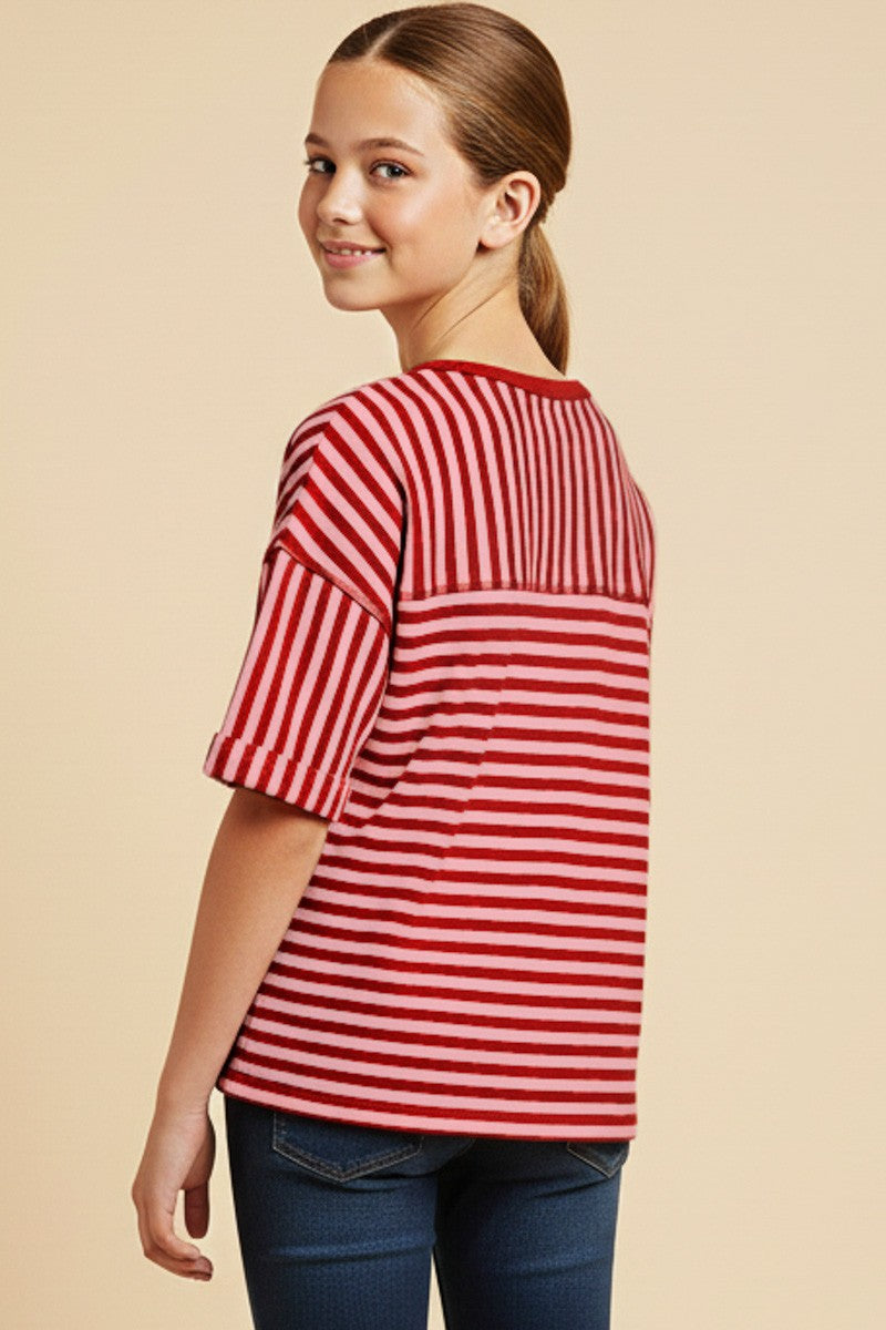 Pretty in Red & Pink Stripe Top For Girls