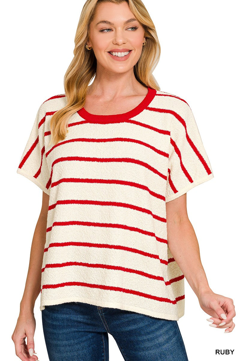 Ruby Red Oversized Stripe Top by Zenana