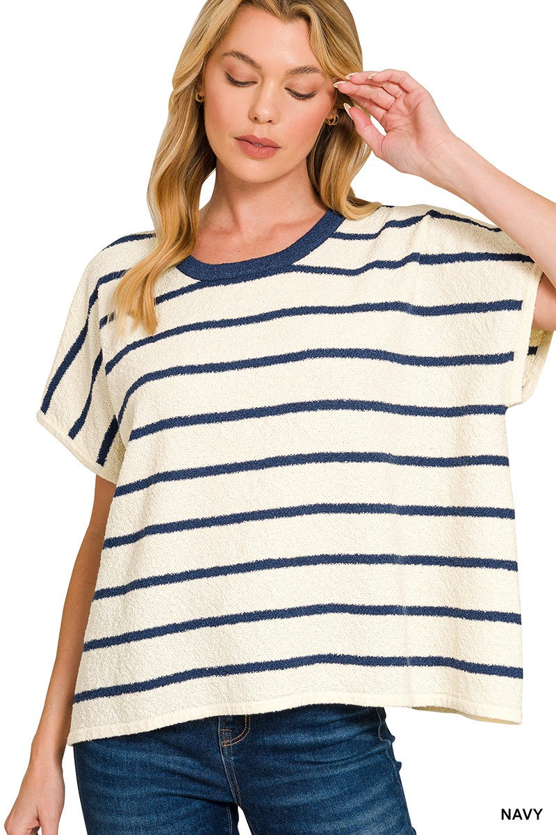 Navy Oversized Striped Top by Zenana