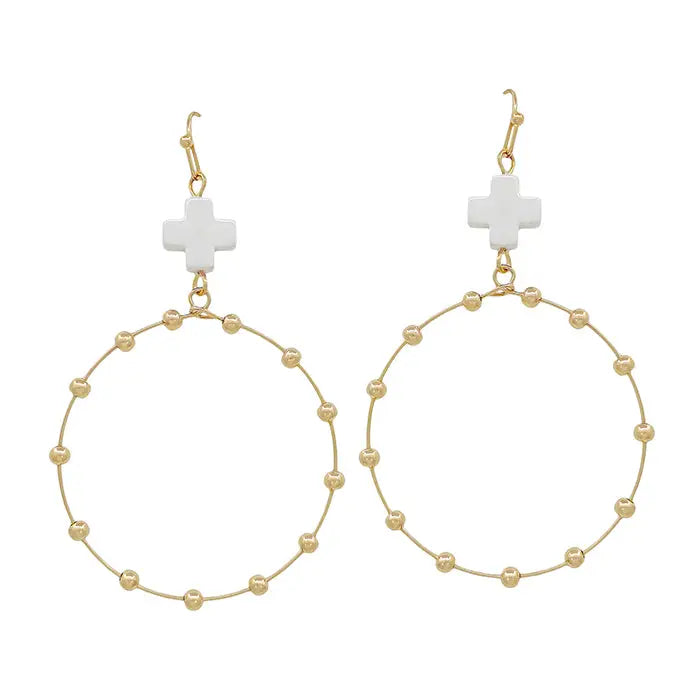 White Cross and Gold Beaded Earrings