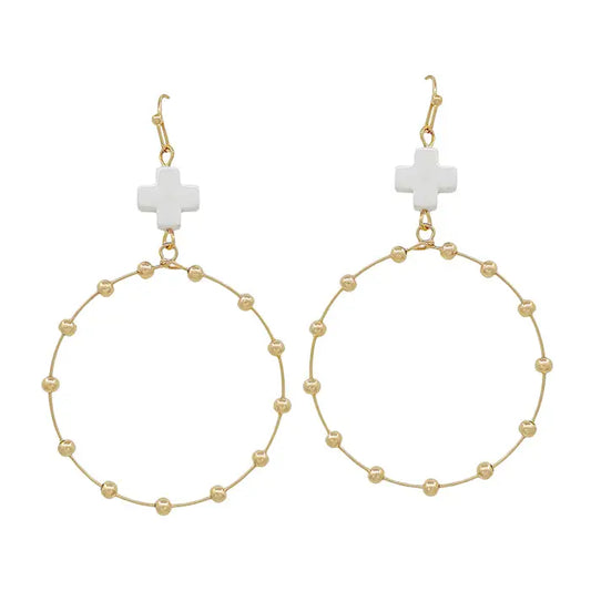 White Cross and Gold Beaded Earrings