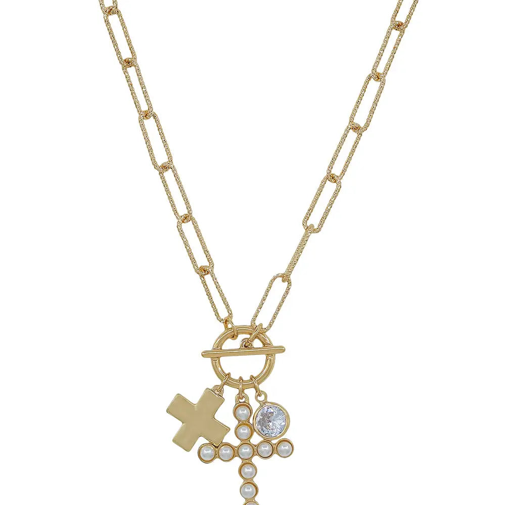 Gold Cross & Pearl 16"-18" Necklace