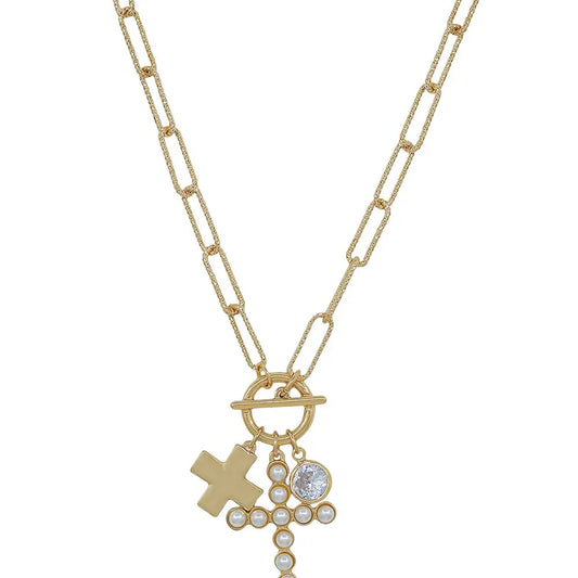 Gold Cross & Pearl 16"-18" Necklace