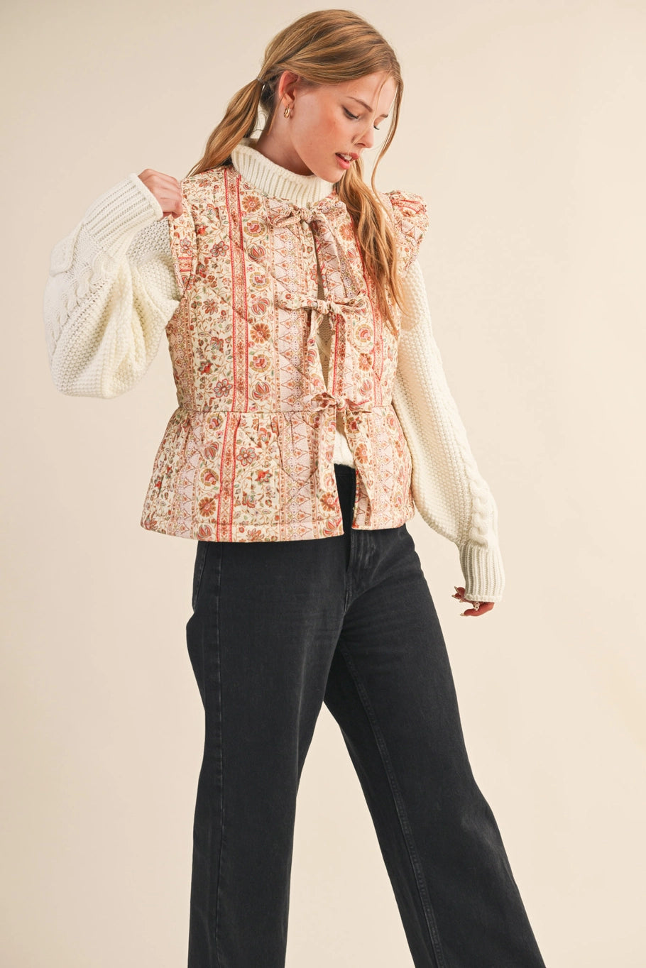 Florals and Flutter Sleeve Vest in Cream