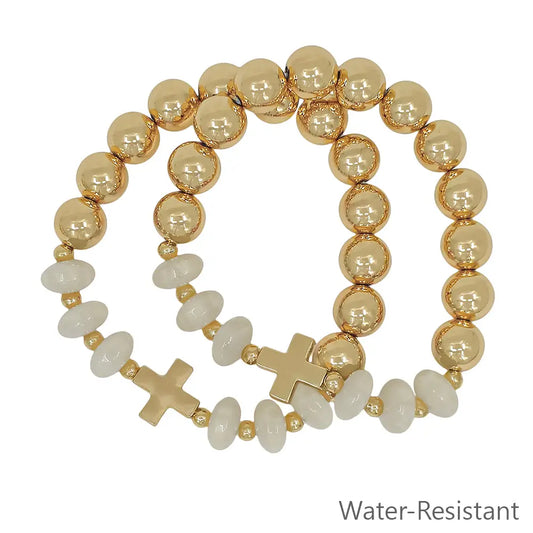 White & Gold Cross Beaded Bracelets