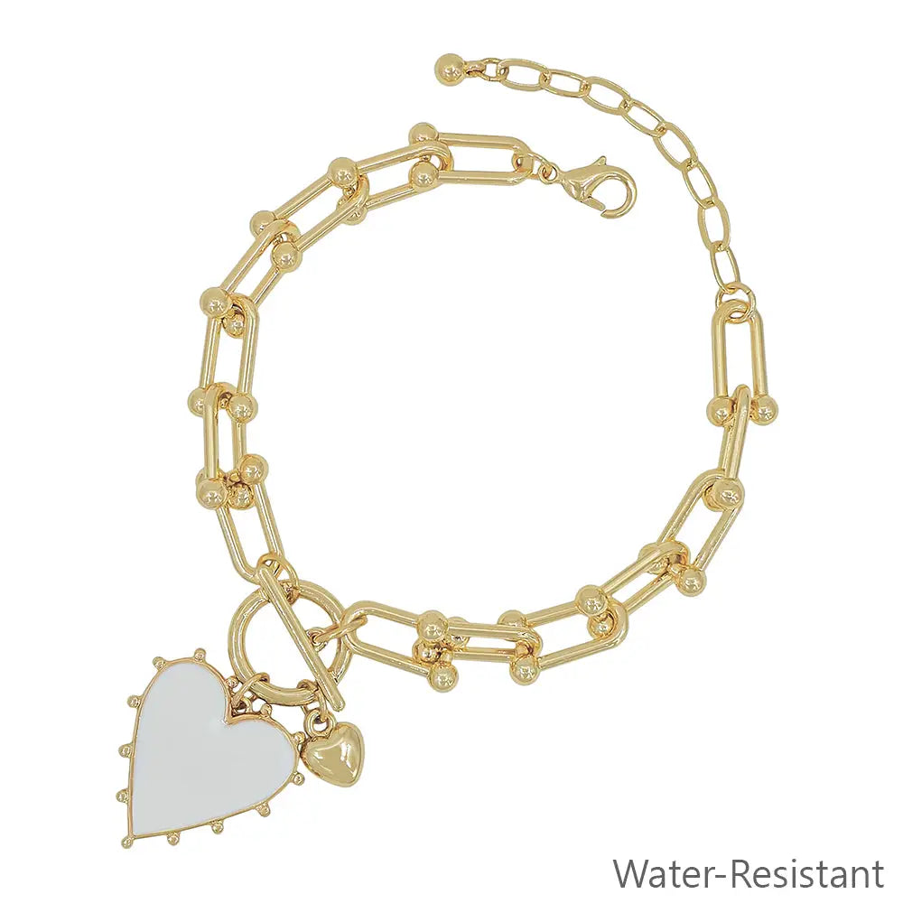 Gold Bracelet w/White Studded Heart Charm