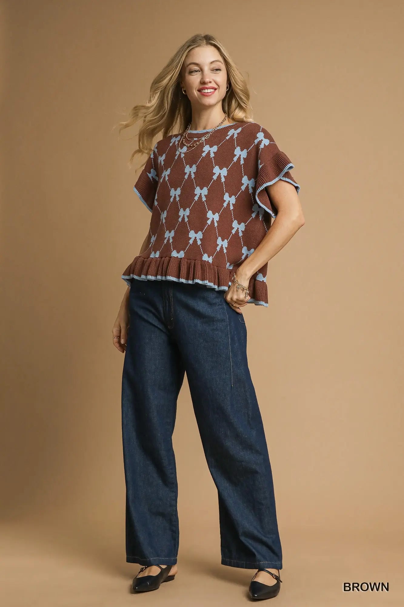 "Come My Way" Brown/Blue Bow Sweater by Umgee