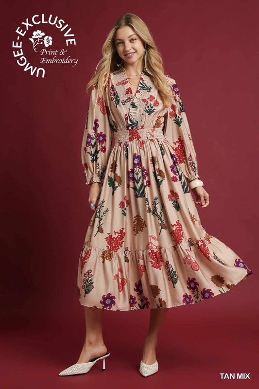 Mix Floral In Tan Dress by Umgee