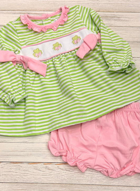 Pink St. Patrick's Clover Applique Seersucker Bloomer Set