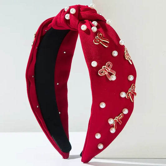 Pearl Bow Headband in Red