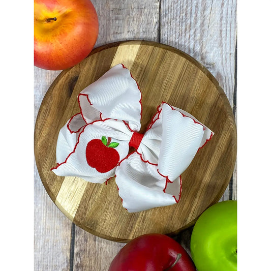 White Apple Embroidered Moon stitch Hair Bow