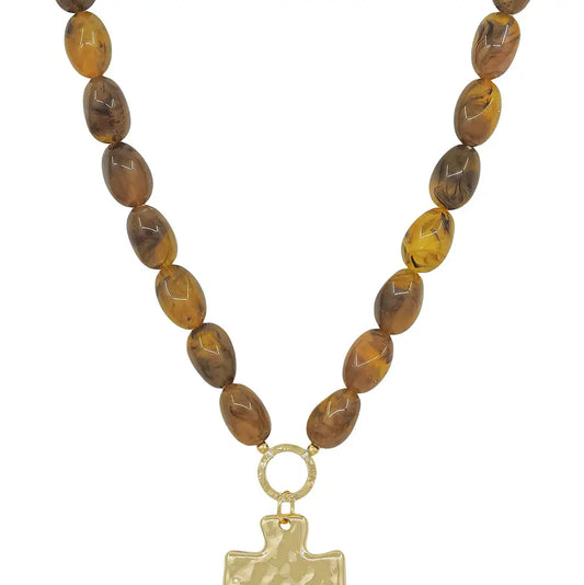 Tortoise Resin Oval Beaded W/ Cross Necklace