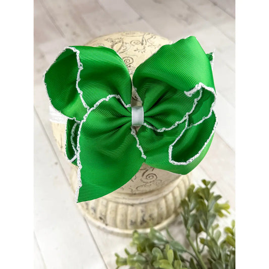 Green W/White Moonstitch Hair Bow
