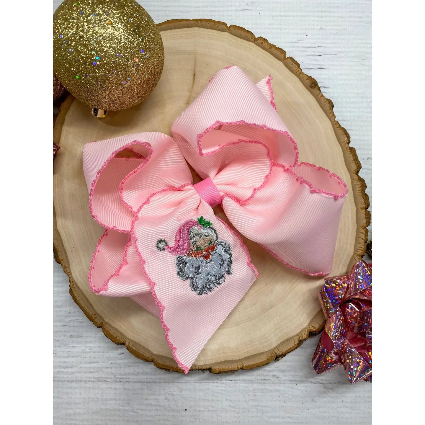 Pink Embroidered Santa Hairbow