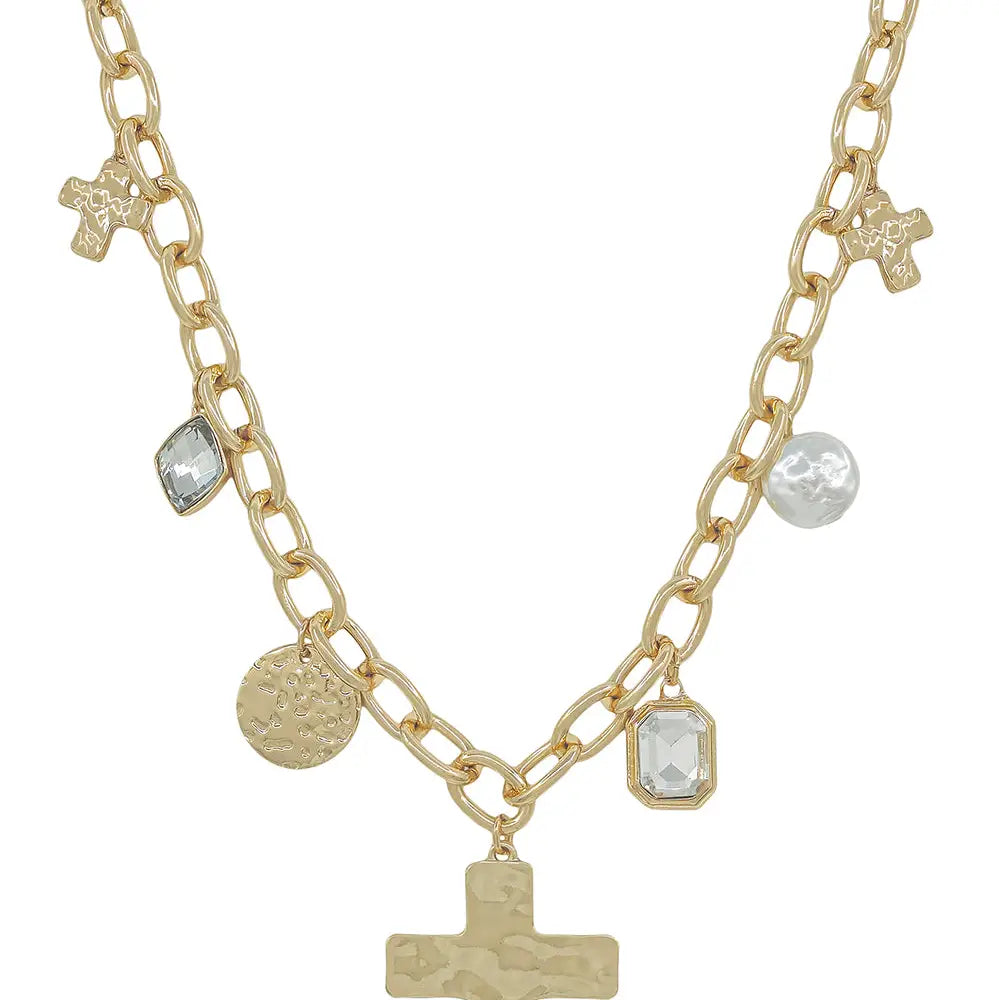 Gold Hammered Cross, Pearl & Crystal 16"-18" Necklace