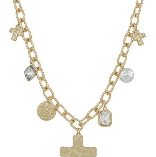 Gold Hammered Cross, Pearl & Crystal 16"-18" Necklace