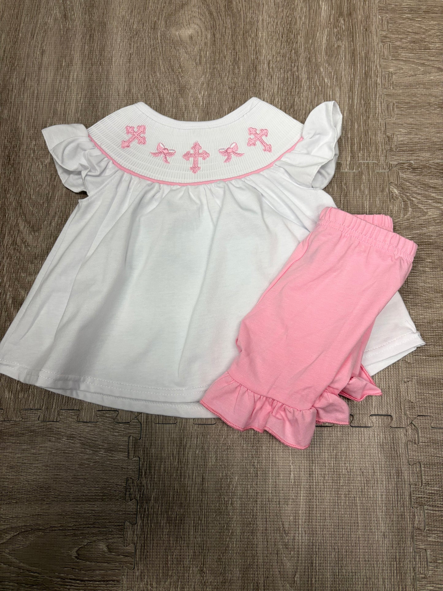 Pink Cross Embroidered Smocked 2pc