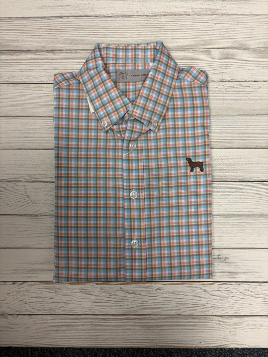 Cardinal Creek Pink/Blue/Tan Plaid Youth LS w/logo