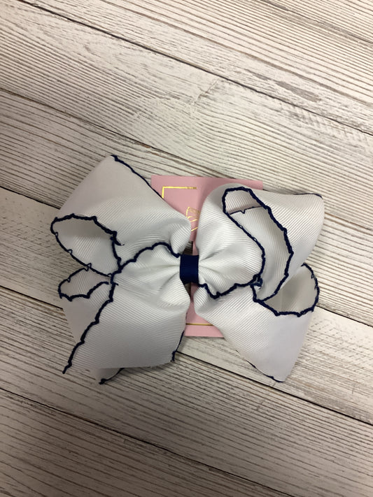 White W/Navy Moonstitch Hair Bow