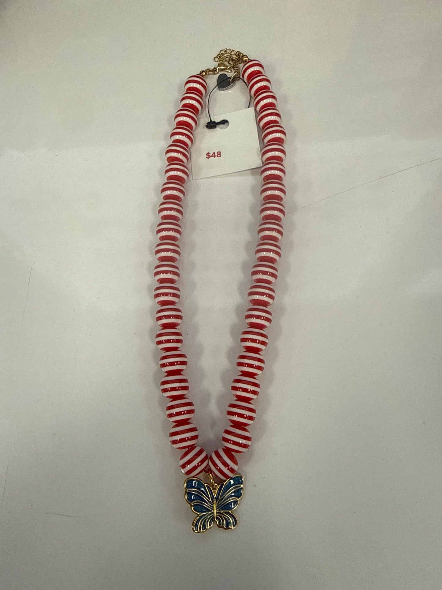 Hart Design Red Stripe Necklace w/ Blue Butterfly
