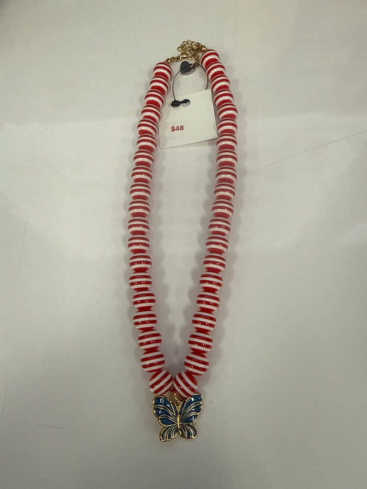 Hart Design Red Stripe Necklace w/ Blue Butterfly