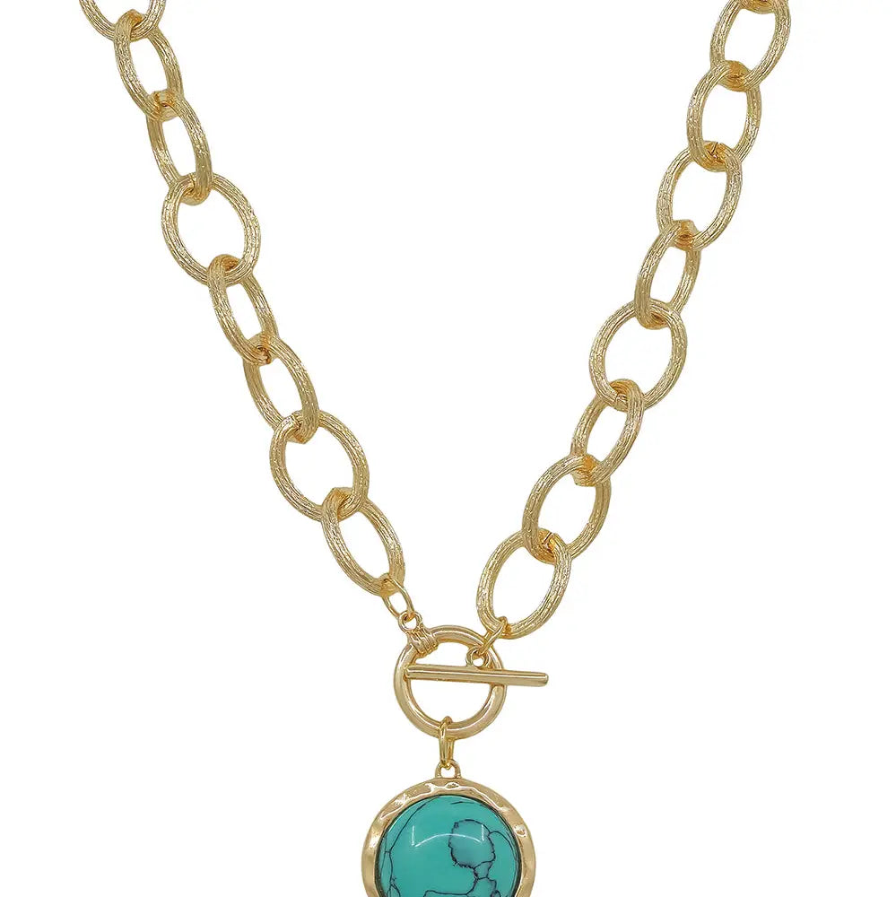 Gold Chunky Chain W/Turquoise Circle Stone Charm