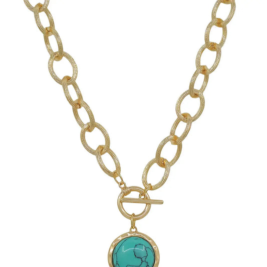 Gold Chunky Chain W/Turquoise Circle Stone Charm
