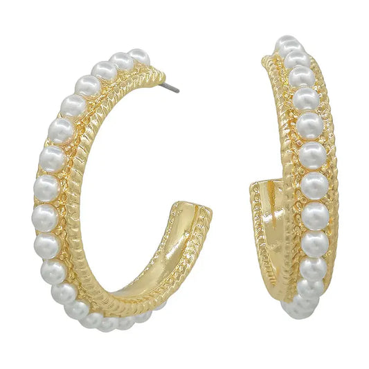Gold Textured 1" Hoop w/Pearls
