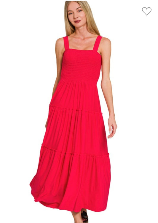 Ruby Red Smocked Tiered Dress