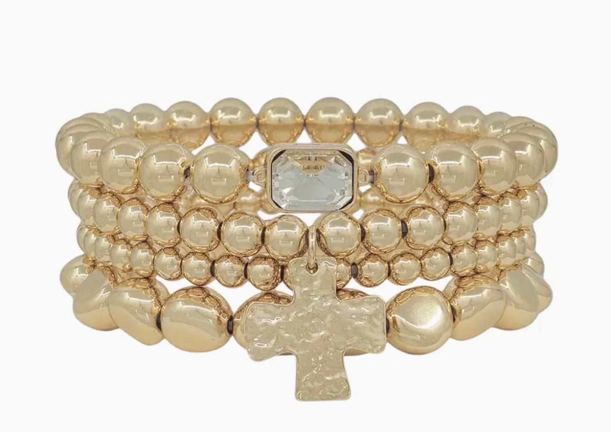 Gold Beads and Cross 4pc Bracelets