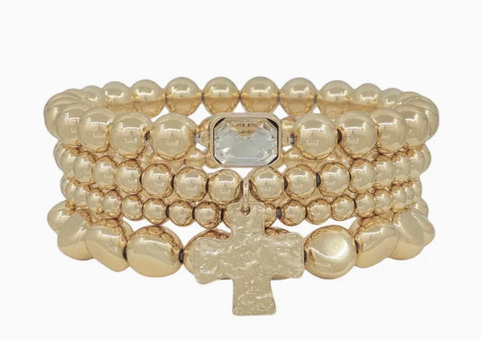 Gold Beads and Cross 4pc Bracelets