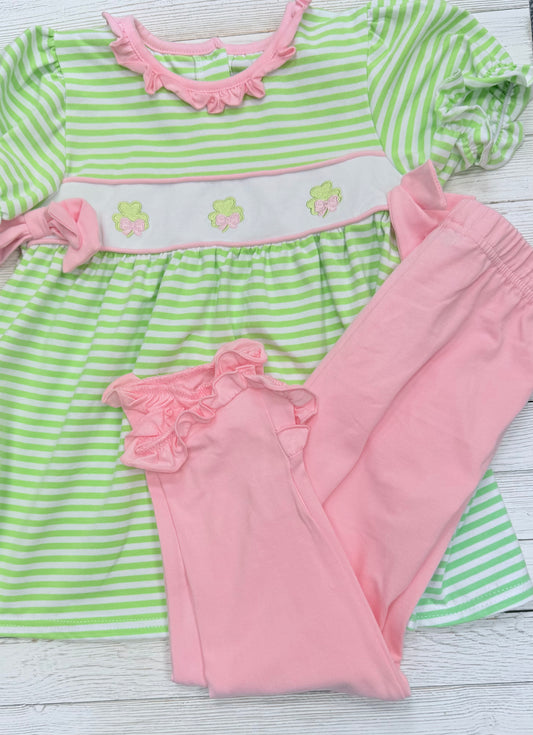 Green St. Patrick's Clover Embroidery Stripe Bow Pants set