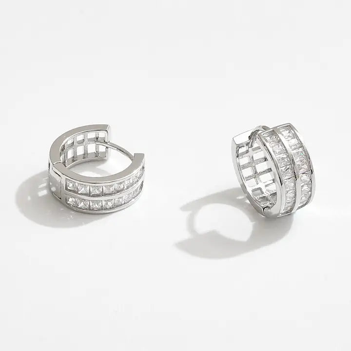 White Gold Double Cz Row Huggie Hoops