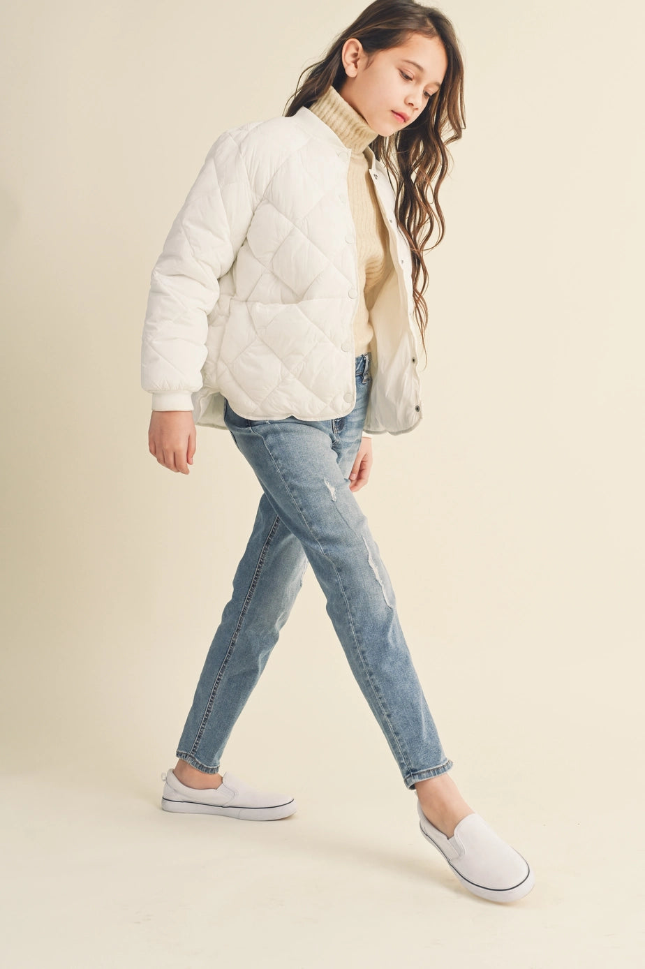 Tween Girls Quilted Ivory Jacket