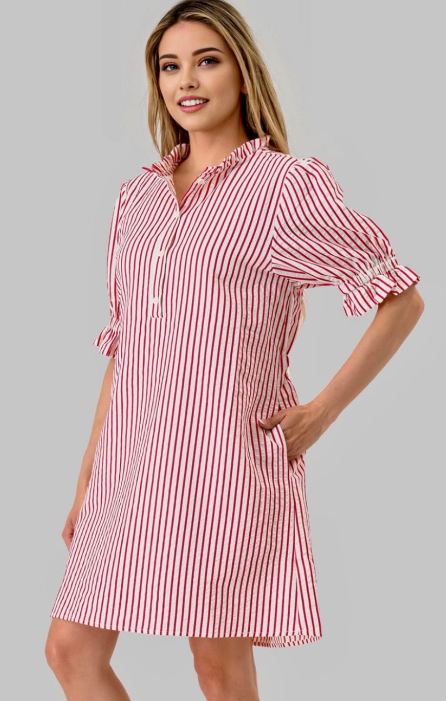 Quinn Stripe Seersucker Game Day Dress in Red