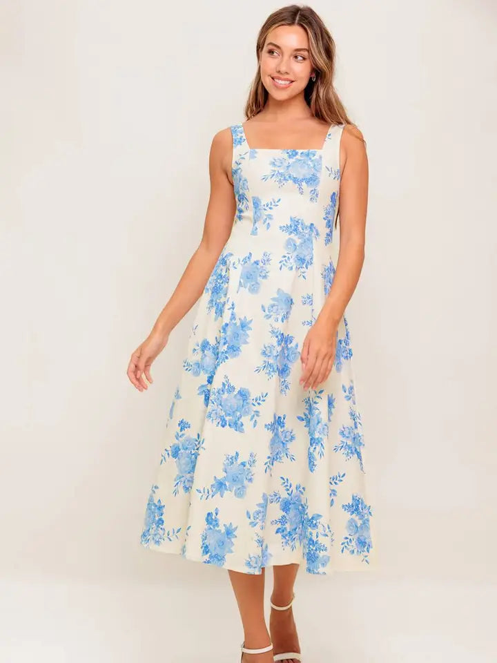 Here For the Moment Blue Floral Dress