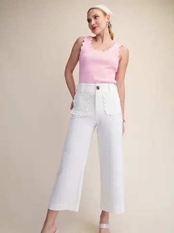 White Scalloped Pocket Wide-Leg Colette Pants