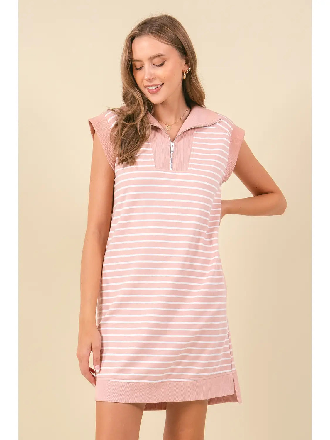 Dusty Pink Striped French Mini Dress W/Pockets