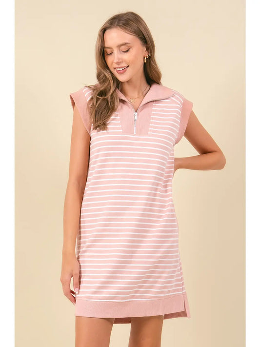 Dusty Pink Striped French Mini Dress W/Pockets