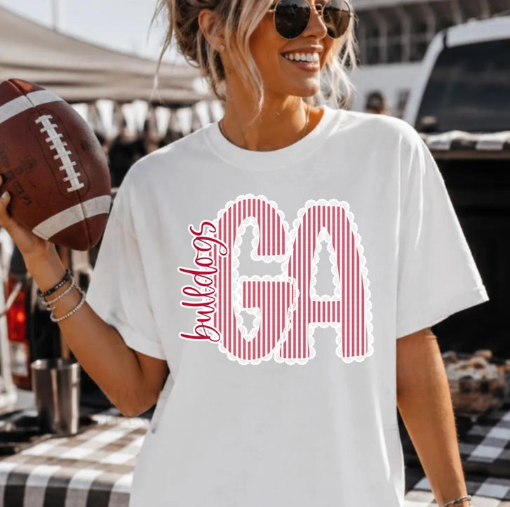 Lace Trim Ga Bulldog Tee in Heather Gray