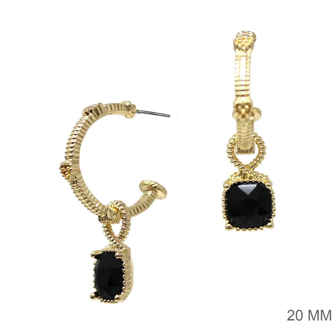Gold Ribbed 1" Hoop W/Black Crystal Stone Earrings