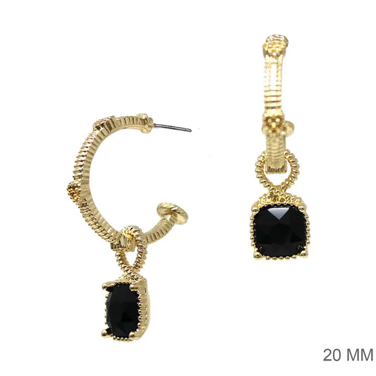Gold Ribbed 1" Hoop W/Black Crystal Stone Earrings