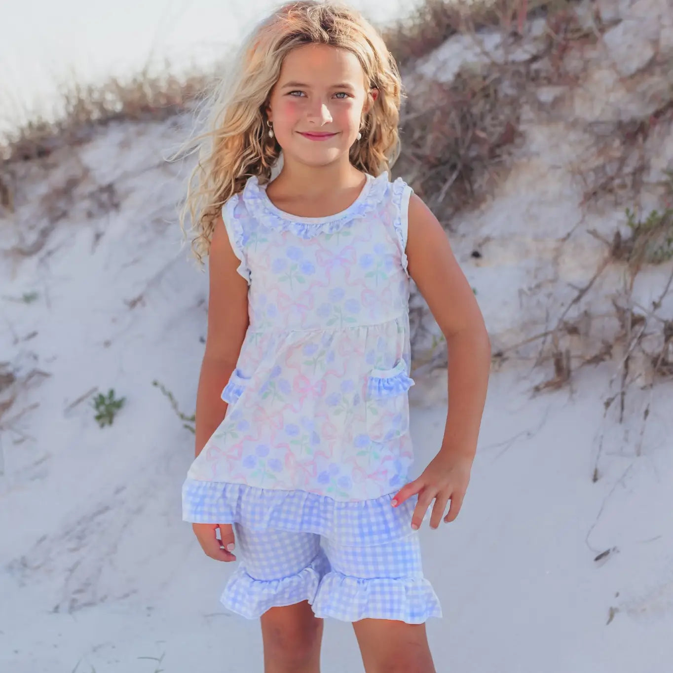 Girl's Lavender Check & Pink Bow 2pc Outfit