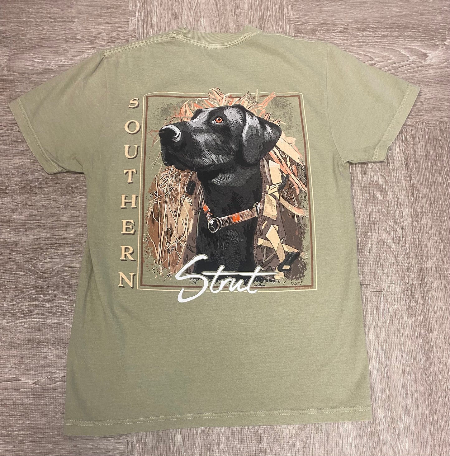Southern Strut T-Shirt with Lab in Blinds in color Khaki