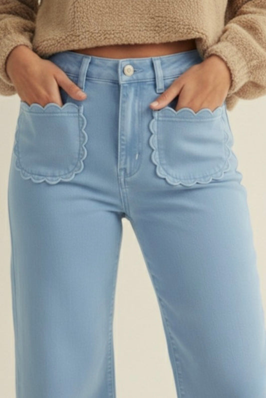 Light Blue Scallop Crop Pants