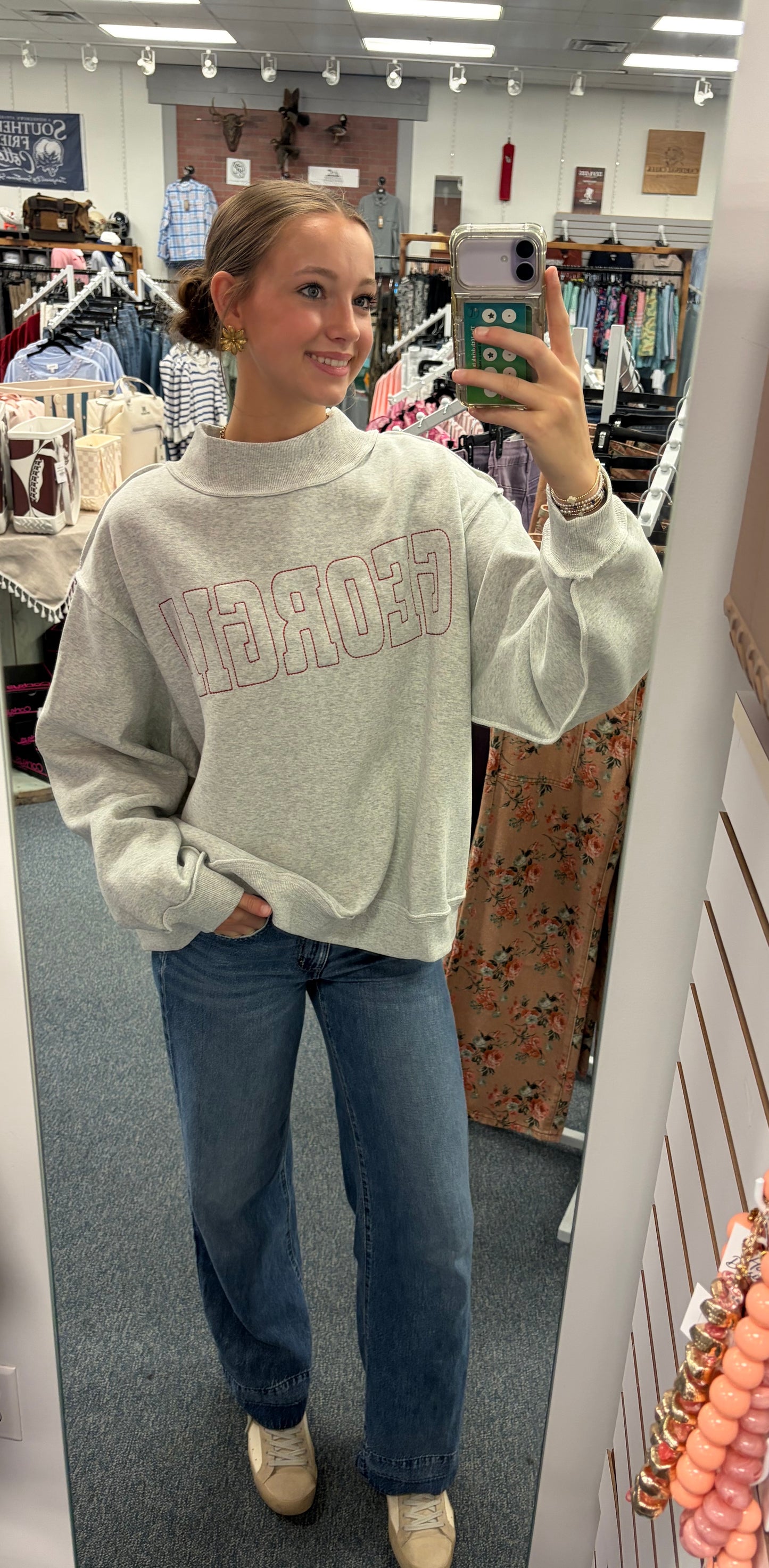 Georgia Mock Neck Sweatshirt W/Georgia Red Stitch