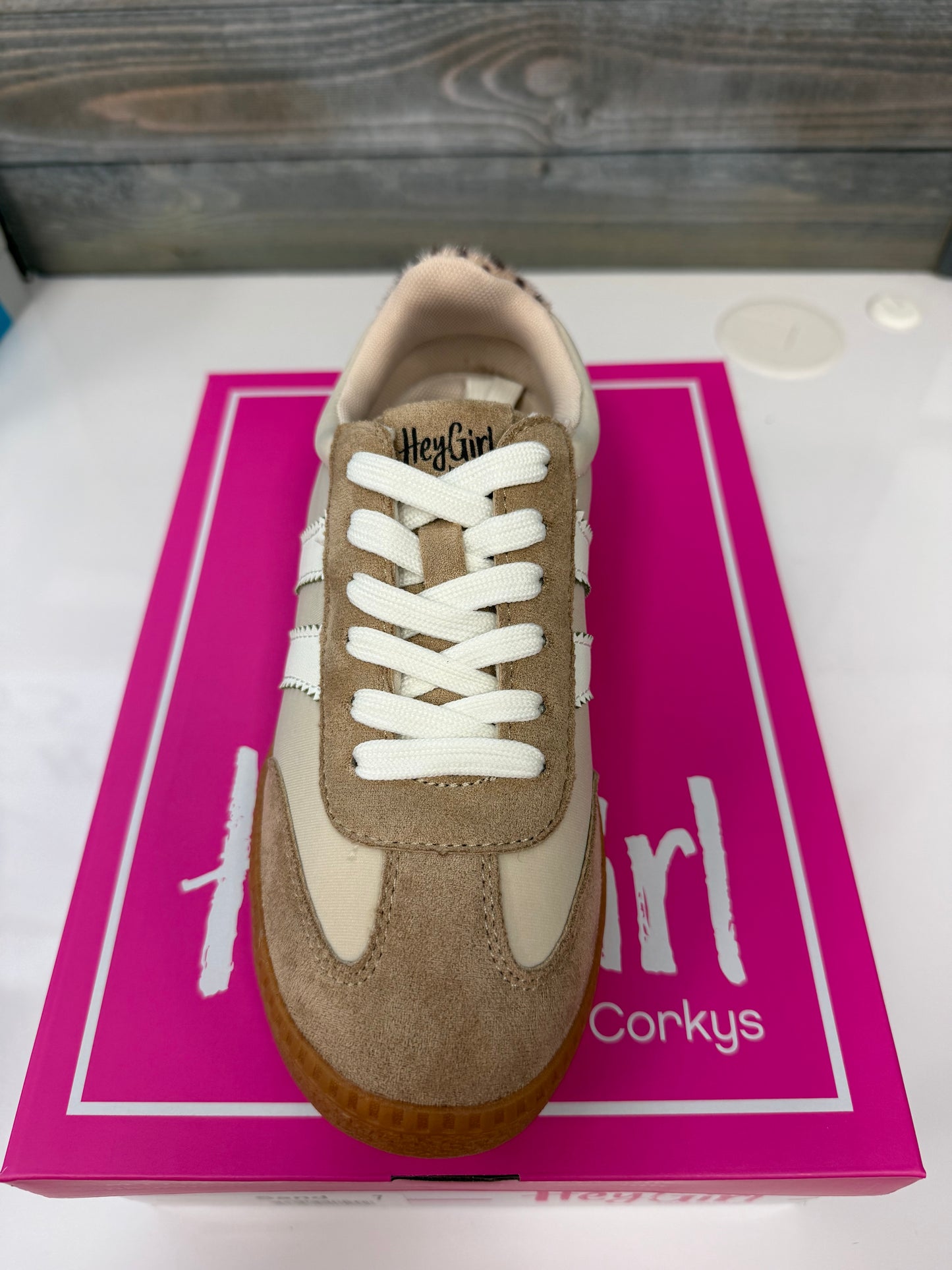 Corky’s Hey Girl Heads Up in Sand Sneakers