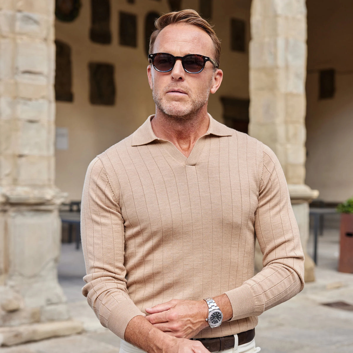 Collars & Co Bellagio LS Ribbed Merino Polo Camel