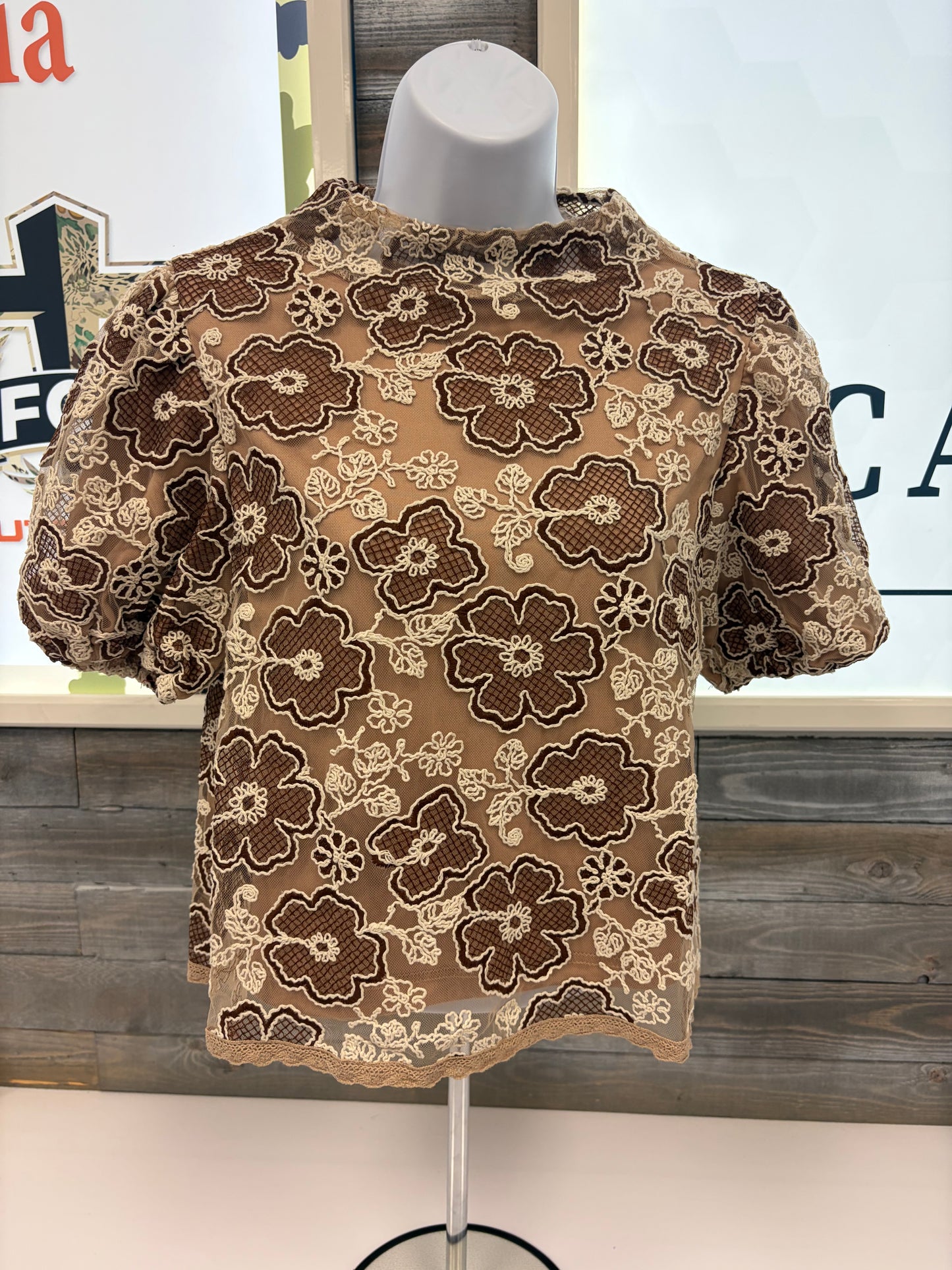 Brown Multi Floral Mesh Top